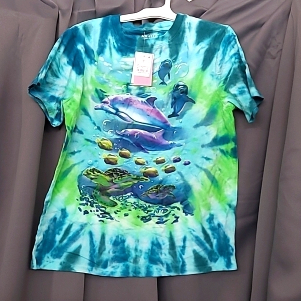 MIGHTY Fine Ocean Animal short sleeve t-Shirt, size small, tie-dye blue/green
